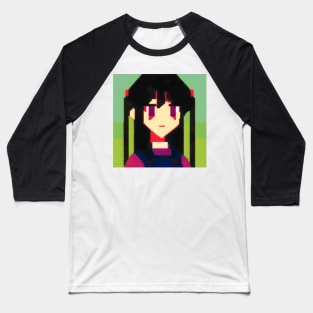 A pixel art picture of a girl with black hair with -_- Face Baseball T-Shirt